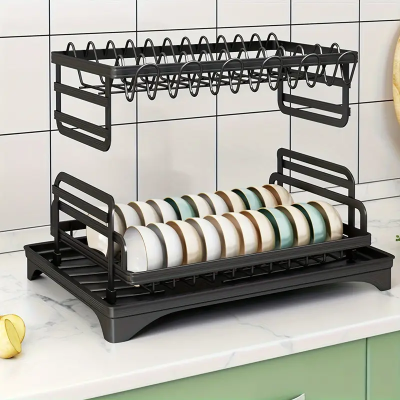 Estante de secado de platos de hierro de 2 niveles con escurridor y soporte para cubiertos, organizador de platos y tazones para encimera de cocina, estante para platos con bloque de cuchillos, soporte para vasos - Regalo perfecto para mujeres, esposa, gadget de cocina para el día de la madre detalles 3