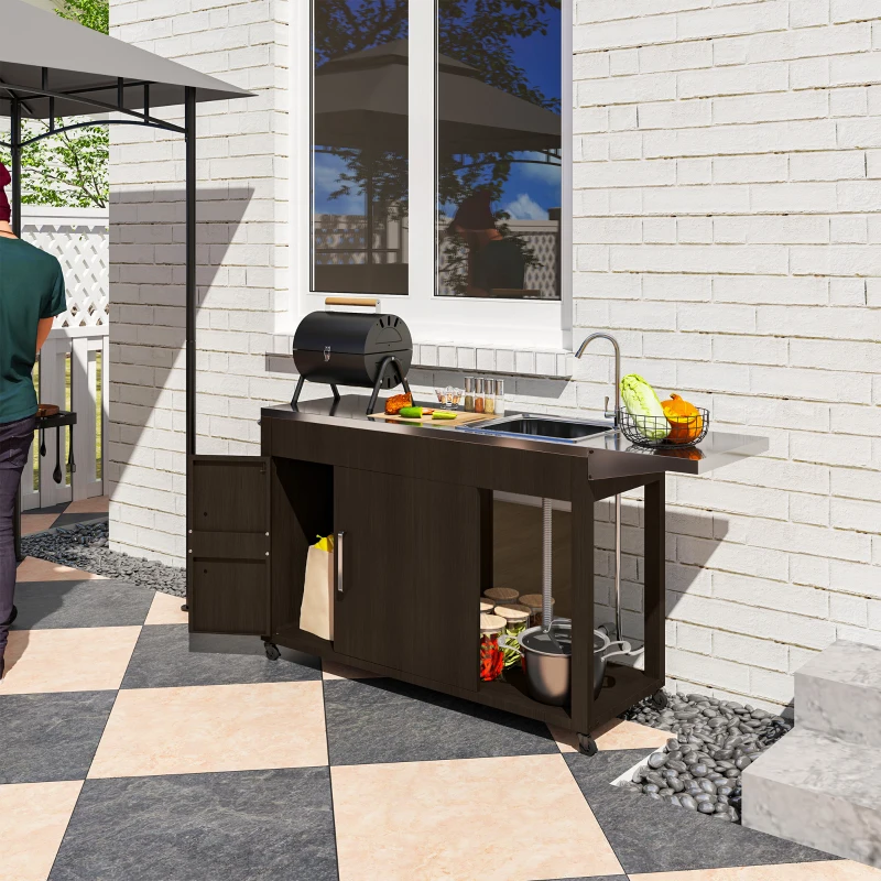 Mesa de parrilla para exteriores con fregadero y drenaje de acero inoxidable, carrito de parrilla con mesa auxiliar plegable y gabinete, isla de cocina para exteriores con ruedas