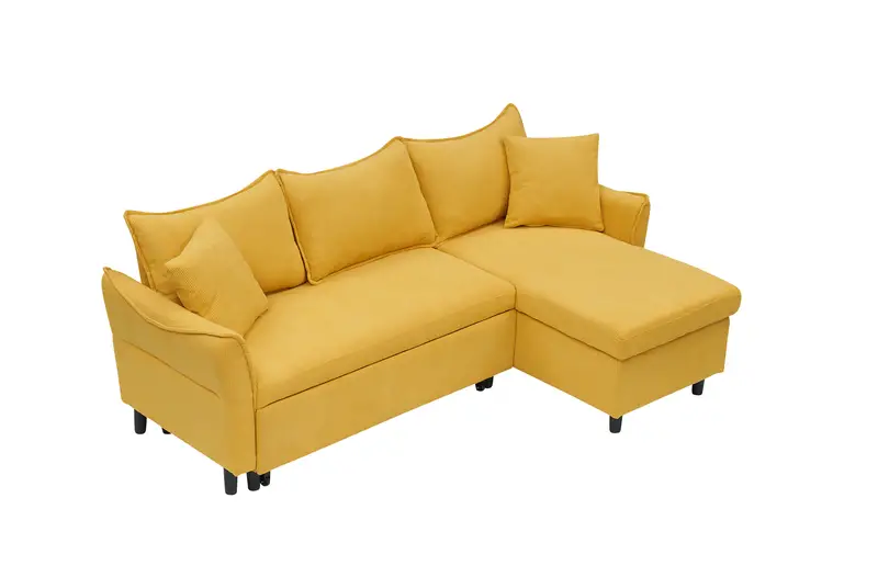 Sofá cama 3 en 1 de 80 pulgadas con funda de corduroy amarillo en forma de L, convierte en cama para almacenamiento, incluye dos pequeños cojines, ideal para sala de estar y dormitorio detalles 3