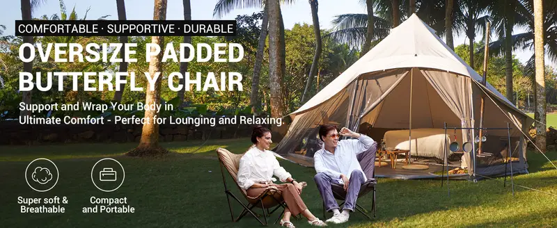   Silla de Camping Acolchada de Gran Tamaño - Silla Plegable Mariposa XL Cómoda para Exteriores con Bolsa de Transporte, Silla de Camping Portátil para Adultos, Interior y Césped Soporta 300 Libras, Caqui detalles 0
