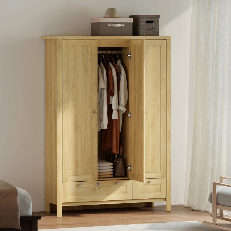 HOMCOM Armario de 3 Puertas con 2 Cajones, Armario de Dormitorio con Cajón con Cerradura, Barra para Colgar y Estantes de Almacenamiento, Natural