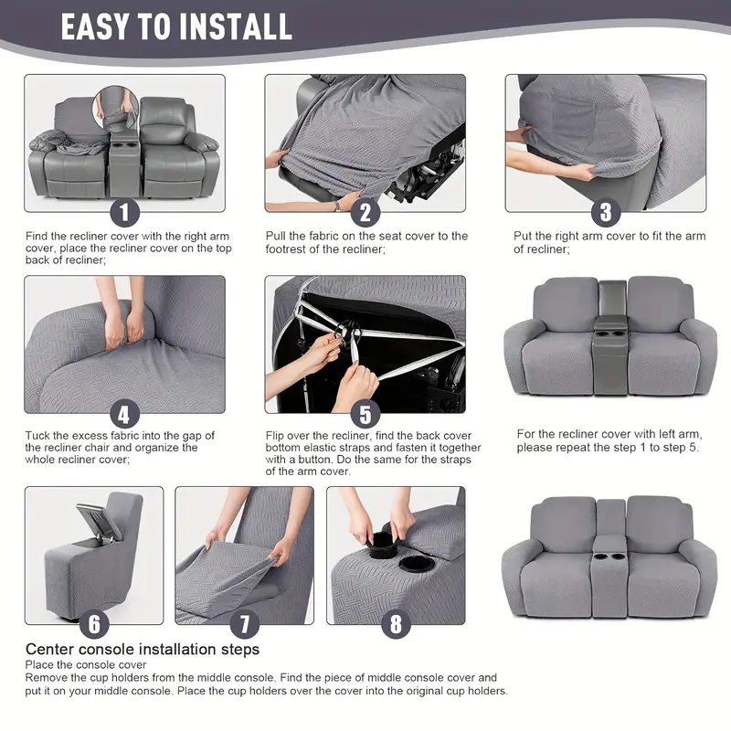 Conjunto de funda para sillón reclinable de 8 piezas con consola central - Ajuste elástico amigable para mascotas de poliéster y spandex con cierre de banda elástica, diseño de una sola pieza lavable a máquina protector de muebles para sillas de masaje de teatro de asiento doble detalles 7