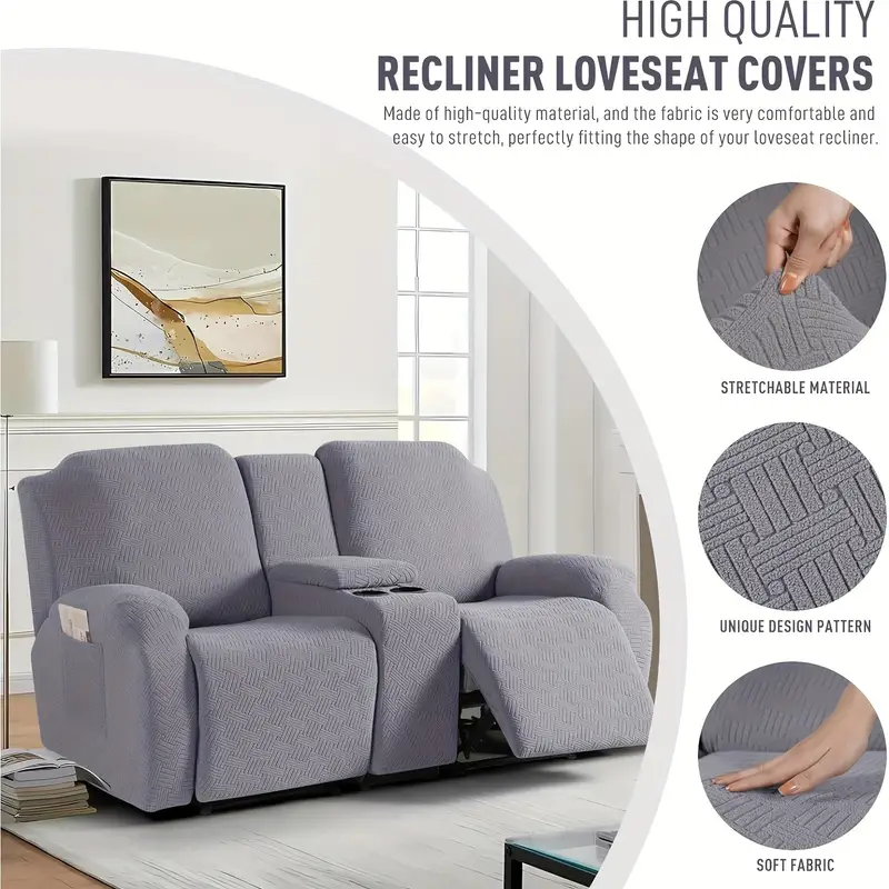 Conjunto de funda para sillón reclinable de 8 piezas con consola central - Ajuste elástico amigable para mascotas de poliéster y spandex con cierre de banda elástica, diseño de una sola pieza lavable a máquina protector de muebles para sillas de masaje de teatro de asiento doble detalles 5