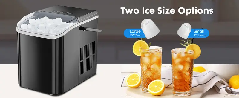 Máquina de hielo portátil   para encimera, autolimpiable, 9 cubos en  , 26.5 libras/24  , 2 tamaños de hielo en forma de  , con pala de hielo, cesta y asa detalles 8