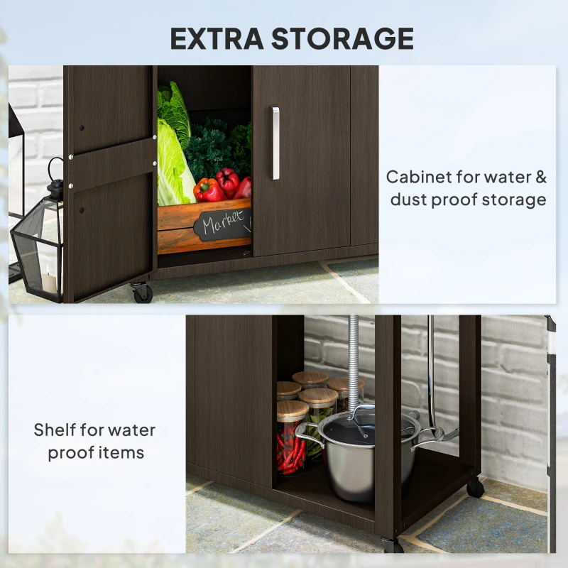 Mesa de parrilla para exteriores con fregadero y drenaje de acero inoxidable, carrito de parrilla con mesa auxiliar plegable y gabinete, isla de cocina para exteriores con ruedas