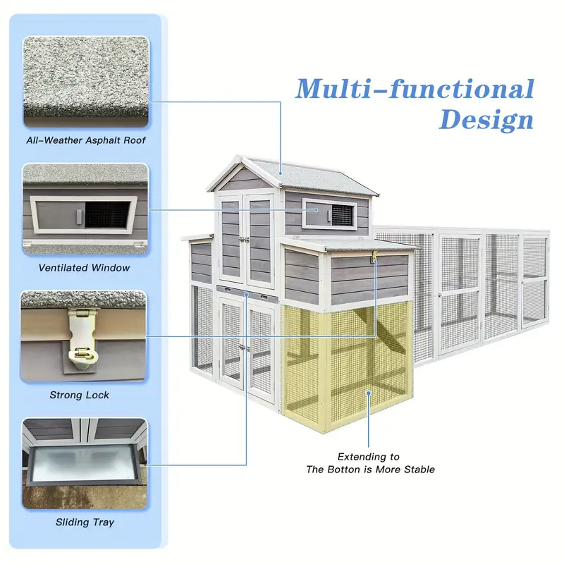 Jaula para gallinas de madera maciza extragrande de 150 con   capas, con   cajas nido y rampa, que proporciona un amplio espacio para moverse, adecuada para otros animales pequeños, bandejas extraíbles incorporadas para   la limpieza, malla de alambre para mantener a   pequeños seguros. detalles 3