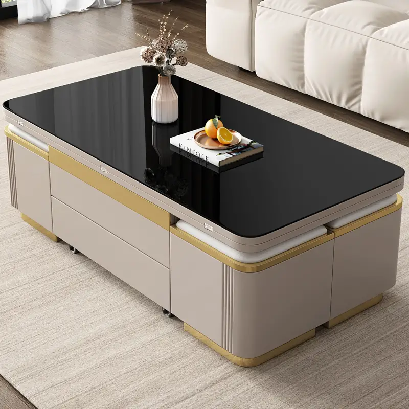   elevable con tapa extraíble única, compartimento oculto y superficie de cristal templado para  , mesa de té ajustable   con 4 taburetes, moderna plegable que se convierte en mesa de comedor, gris claro detalles 1
