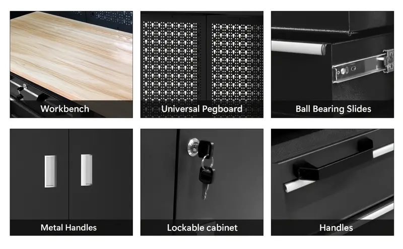 Taller de 6 piezas en , gabinete de almacenamiento para garaje, incluye cajones de acero, rodante y tablero de , gabinete de almacenamiento con cerradura, perfecto para organizar y las herramientas. detalles 4