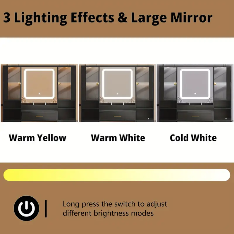 espejo de tocador con luces escritorio con silla y gabinete de vidrio led, tocador con espejo   y toma de corriente, tocador con 7 cajones detalles 4