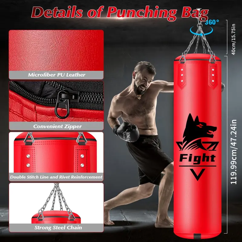 Bolsa de boxeo colgante para adultos, equipo de entrenamiento de boxeo de cuero de PU súper, saco pesado con guantes de MMA de 12OZ, juego de sacos de boxeo sin relleno para entrenamiento de karate, kickboxing, muay thai detalles 0