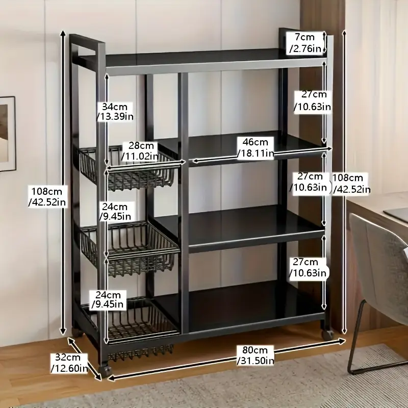 Estante de almacenamiento de cocina con cestas de malla, carrito de servicio con de metal con ruedas, estante de con estantes ajustables, para cocina, baño, , detalles 0