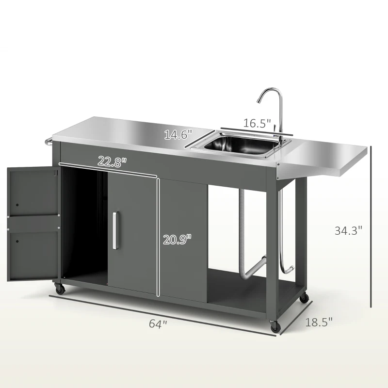 Mesa de parrilla para exteriores con fregadero y drenaje de acero inoxidable, carrito de parrilla con mesa auxiliar plegable y gabinete, isla de cocina para exteriores con ruedas