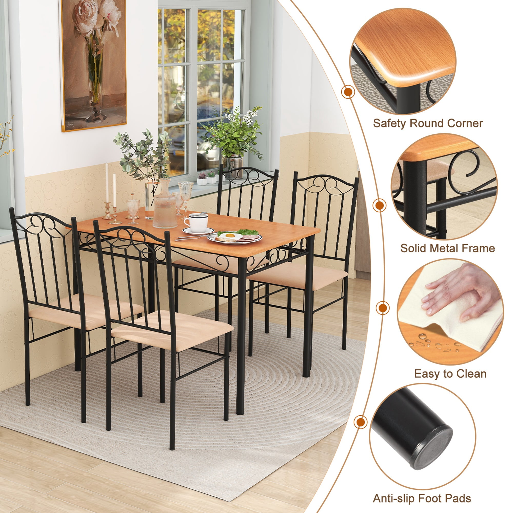 Costway Juego de comedor de 5 piezas, mesa de metal de madera de 30 "y 4 sillas, muebles de desayuno de cocina negros