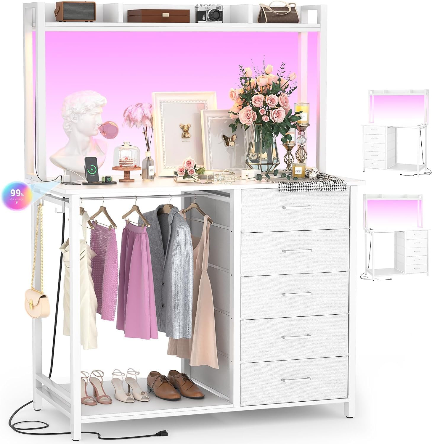 Comoda Cajonera para Recamara,Cómoda con Percheros Integrados de 5 Niveles,180x100x40 cm, Armario Multifuncional con Luces RGB, 3 Enchufes + 2 USB y Control Remoto (Rosa)