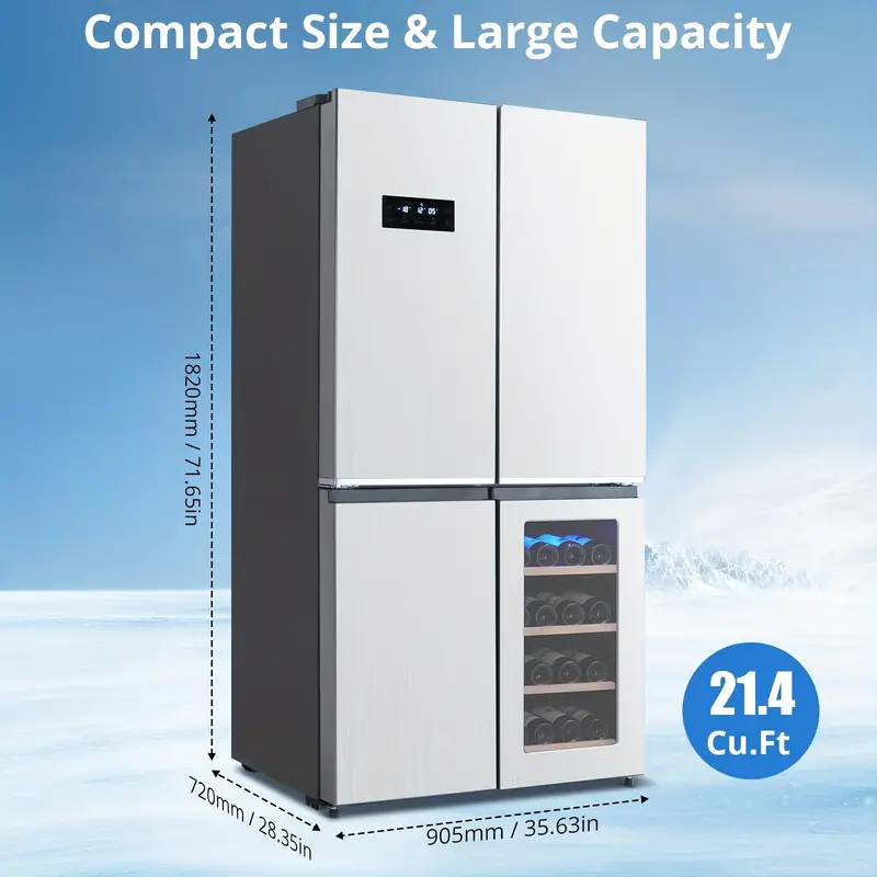 Refrigerador de puerta francesa Adoolla de 21 pies cúbicos, congelador inferior con gabinete para vinos, estantes de vidrio ajustables, refrigerador de cocina de 4 puertas en acero inoxidable, plateado detalles 2
