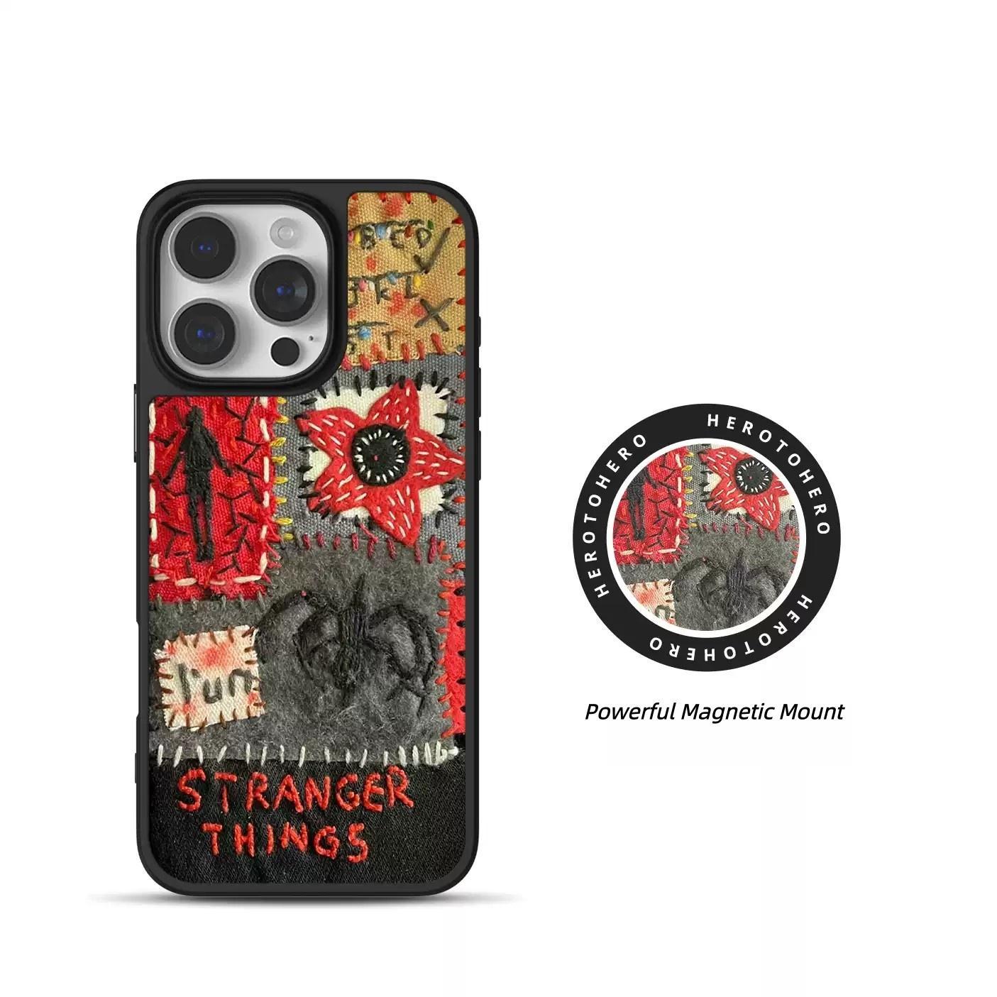 Stranger Things Demogorgon Graffiti Electroplated Silver Carbon Fiber Phone Case, Magnetic Shockproof Protective Cover Compatible with iPhone 17 Pro Max, Cool Monster Design Armor Case for Fans