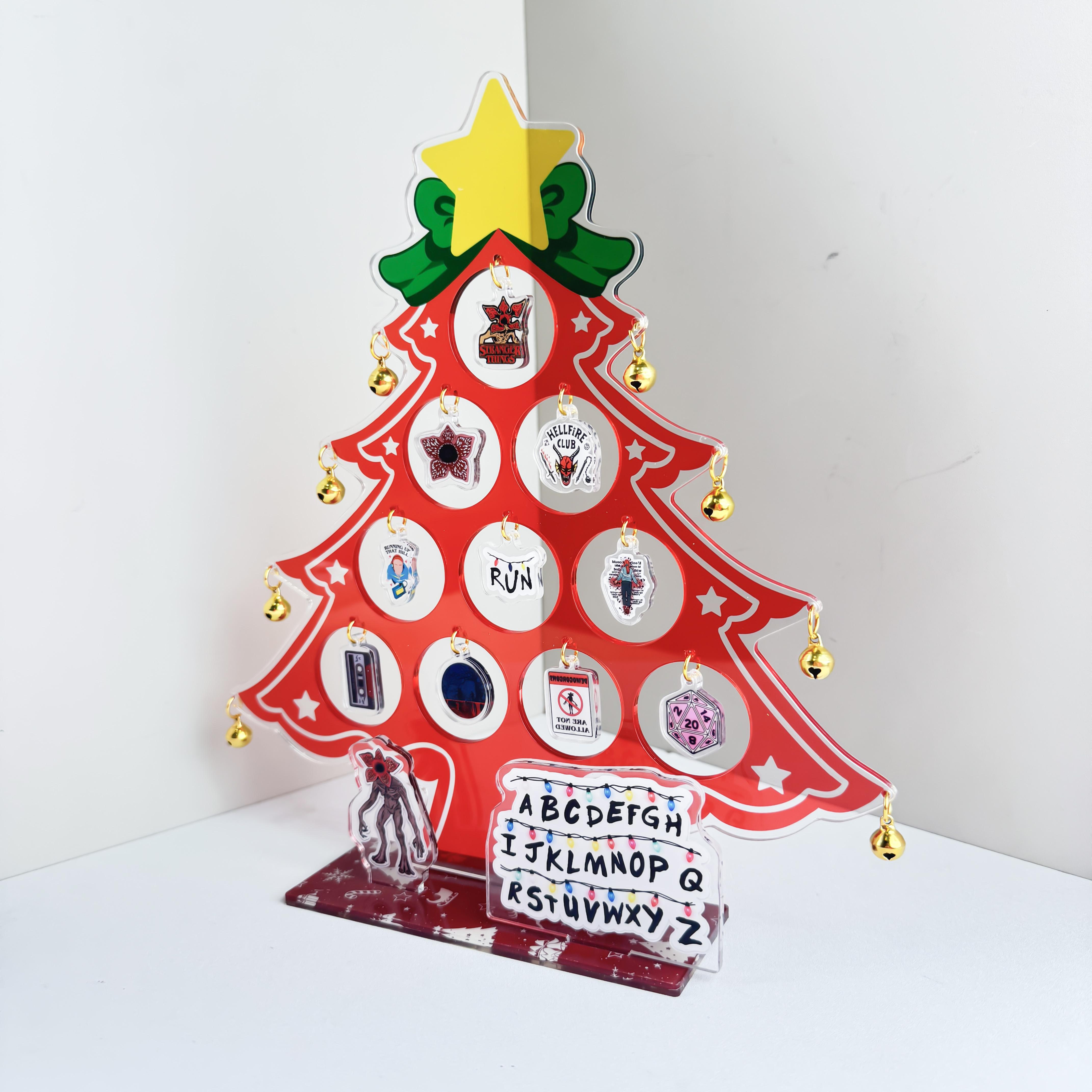 Strange Things Acrylic Christmas Tree Decor 25cm | Hawkins Alphabet Wall, Demogorgon & Hellfire Club Ornaments | ST Holiday Display Stand | Fan Collector Gift | Upside Down Xmas Decoration