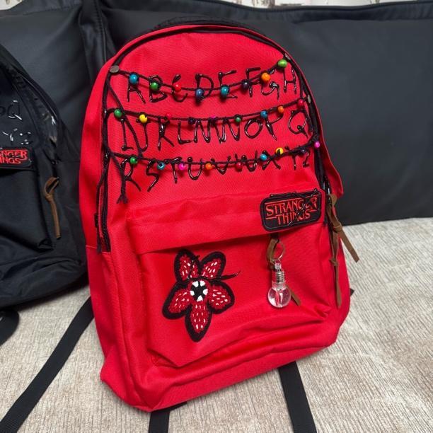 Stranger Things Backpack Set – Alphabet Wall Design School Bag with Demogorgon Keychain | Horror Aesthetic Kpop Style Backpack | Trendy Student Bookbag for Fans of Stranger Things Season 5