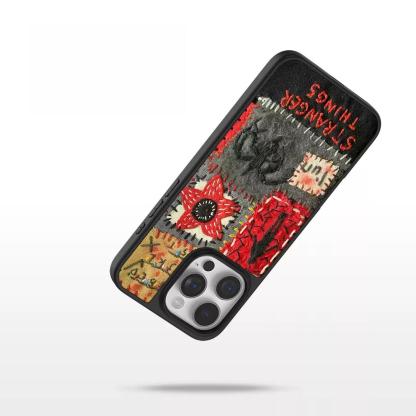 Stranger Things Demogorgon Graffiti Electroplated Silver Carbon Fiber Phone Case, Magnetic Shockproof Protective Cover Compatible with iPhone 17 Pro Max, Cool Monster Design Armor Case for Fans