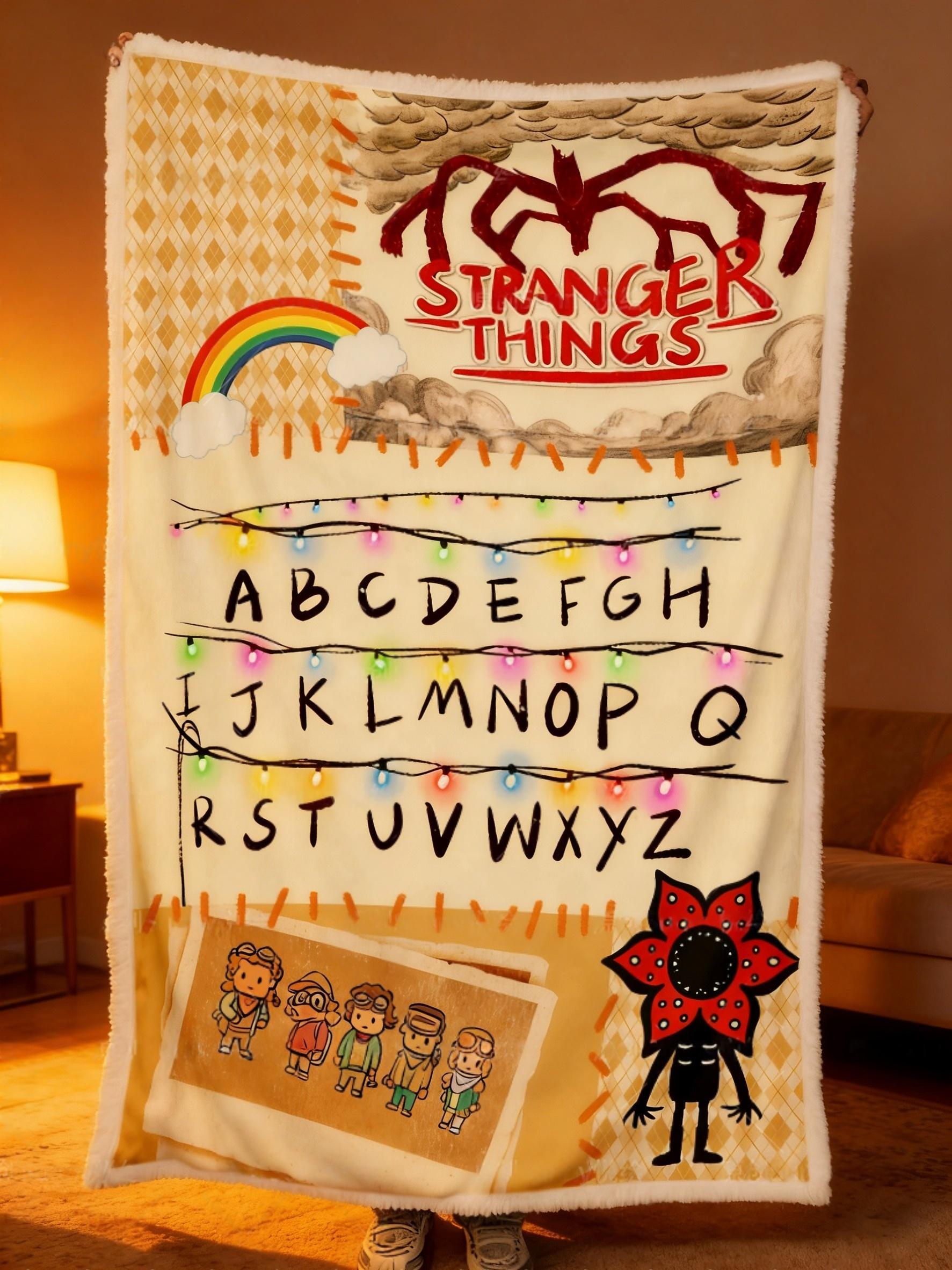 [Stranger Things] Upside Down Flannel Blanket Cartoon Alphabet Design Cozy Soft Throw for Fans