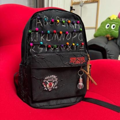 Stranger Things Backpack Set – Alphabet Wall Design School Bag with Demogorgon Keychain | Horror Aesthetic Kpop Style Backpack | Trendy Student Bookbag for Fans of Stranger Things Season 5