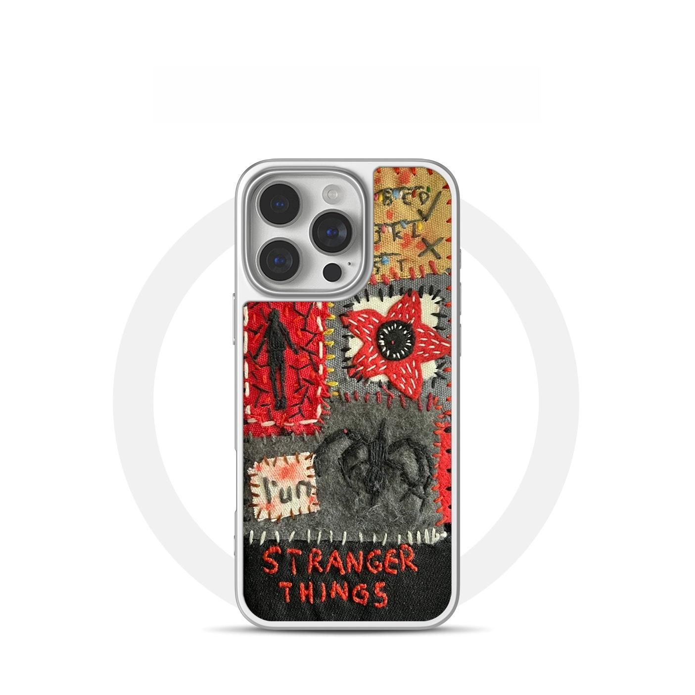 Stranger Things Demogorgon Graffiti Electroplated Silver Carbon Fiber Phone Case, Magnetic Shockproof Protective Cover Compatible with iPhone 17 Pro Max, Cool Monster Design Armor Case for Fans