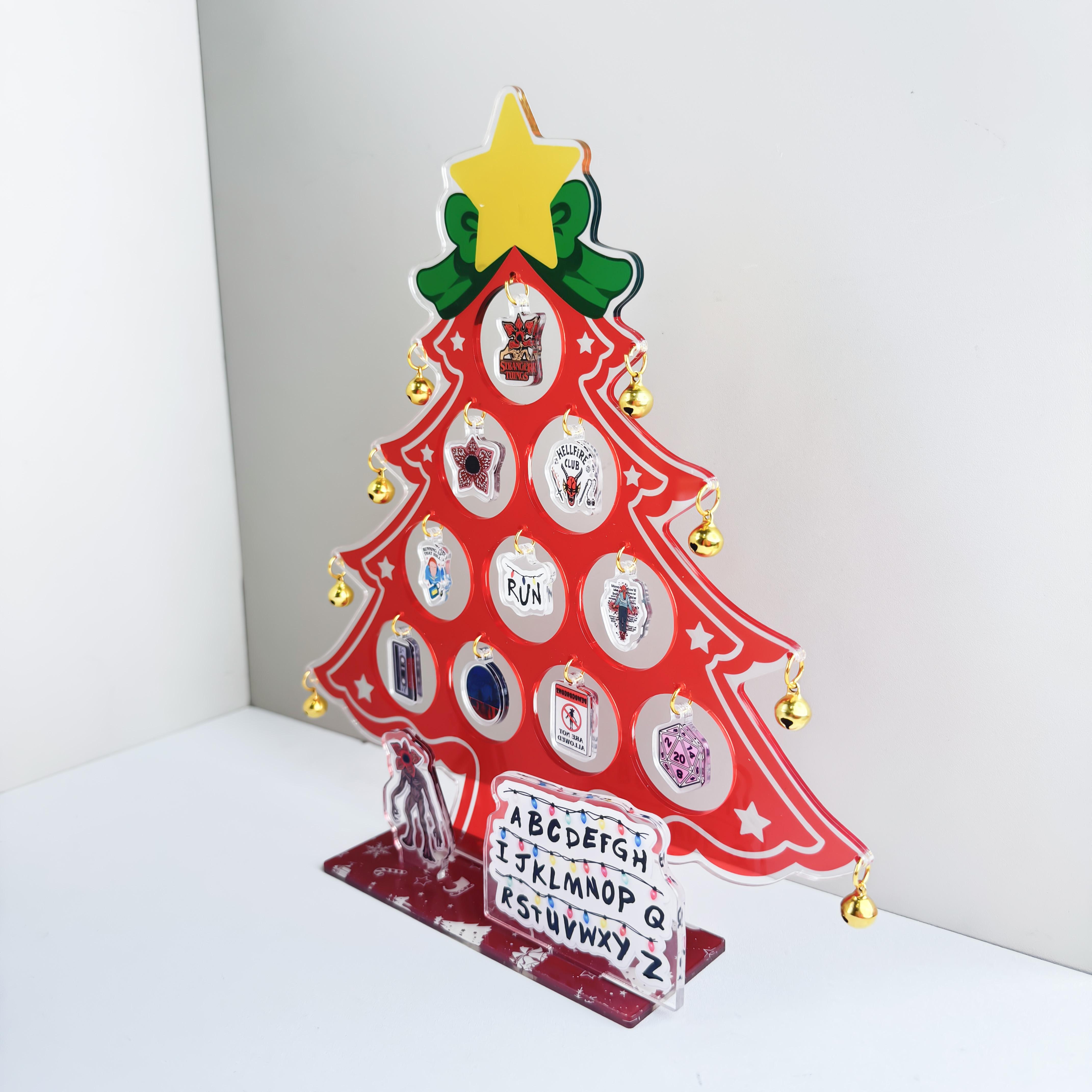 Strange Things Acrylic Christmas Tree Decor 25cm | Hawkins Alphabet Wall, Demogorgon & Hellfire Club Ornaments | ST Holiday Display Stand | Fan Collector Gift | Upside Down Xmas Decoration