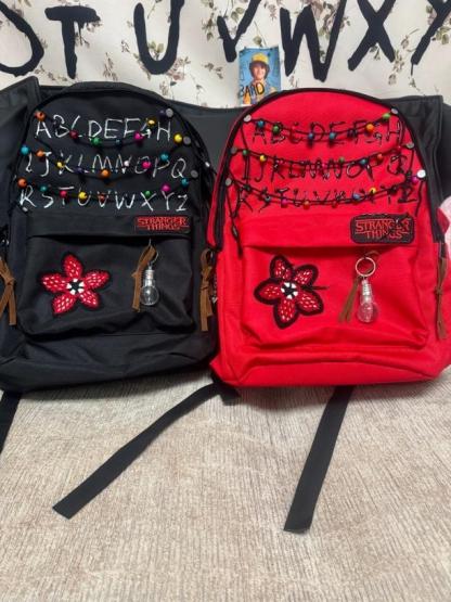 Stranger Things Backpack Set – Alphabet Wall Design School Bag with Demogorgon Keychain | Horror Aesthetic Kpop Style Backpack | Trendy Student Bookbag for Fans of Stranger Things Season 5