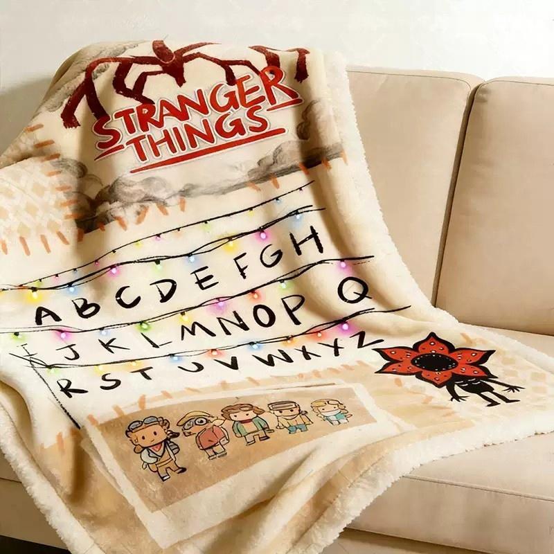 [Stranger Things] Upside Down Flannel Blanket Cartoon Alphabet Design Cozy Soft Throw for Fans