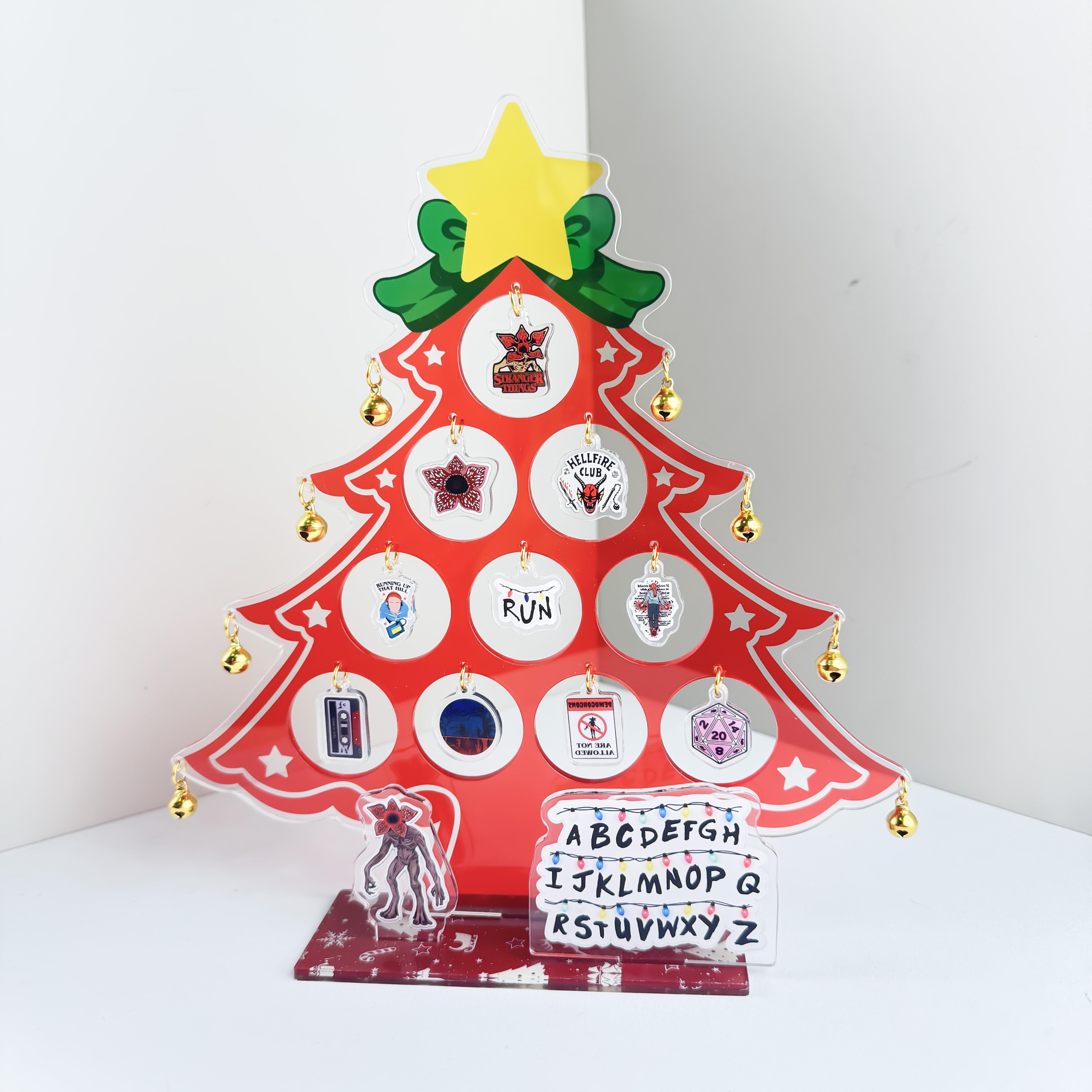 Strange Things Acrylic Christmas Tree Decor 25cm | Hawkins Alphabet Wall, Demogorgon & Hellfire Club Ornaments | ST Holiday Display Stand | Fan Collector Gift | Upside Down Xmas Decoration