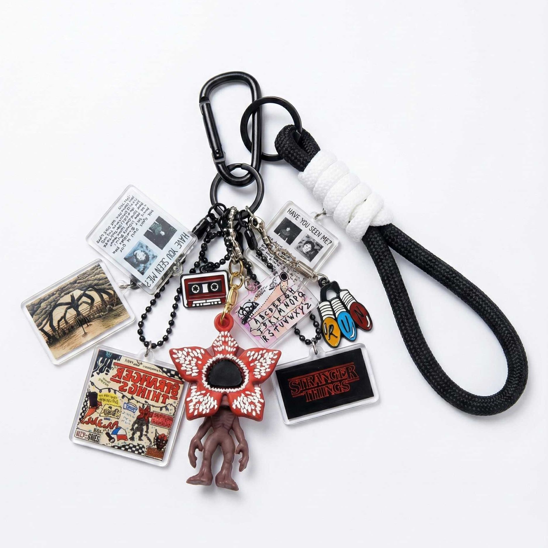 Stranger Things Inspired Keychain Set, Multi-Charms Demogorgon Pendant, Walkie-Talkie & Alphabet Wall Acrylic Tags, Retro Hawkins Icons, Handmade Fan Gift for Collectors, Upside Down Keyring, Friends Don’t Lie Keychain