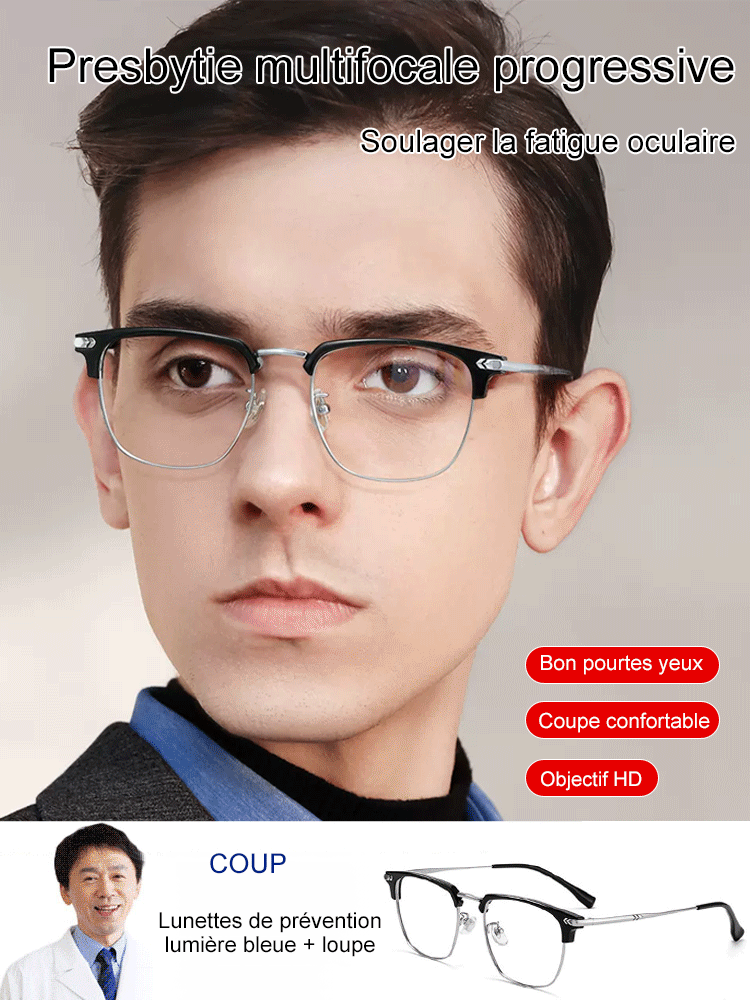 Lunettes de lecture anti-lumière bleue avec cadre de sourcils à zoom automatique