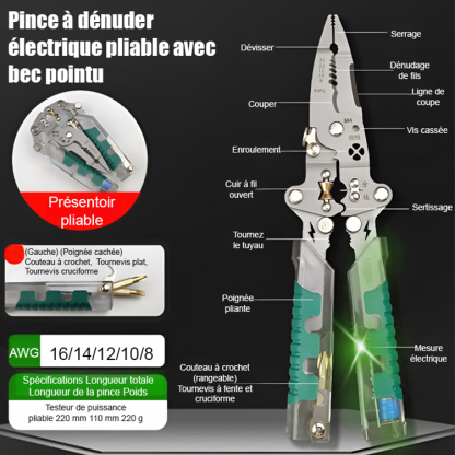Tout-en-un ! Tournevis pliant, testeur de tension et pince à dénuder.