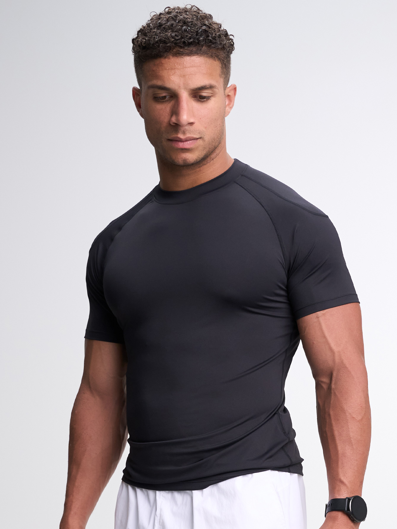 Men's Black Round Neck Raglan Short Sleeve Casual Fitness Workout T-Shirt