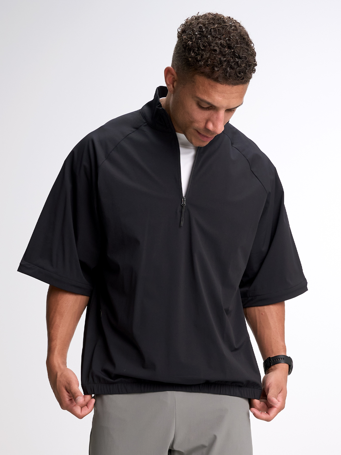 Men's Solid Color Raglan Short Sleeve Zip-Up Casual Shirt