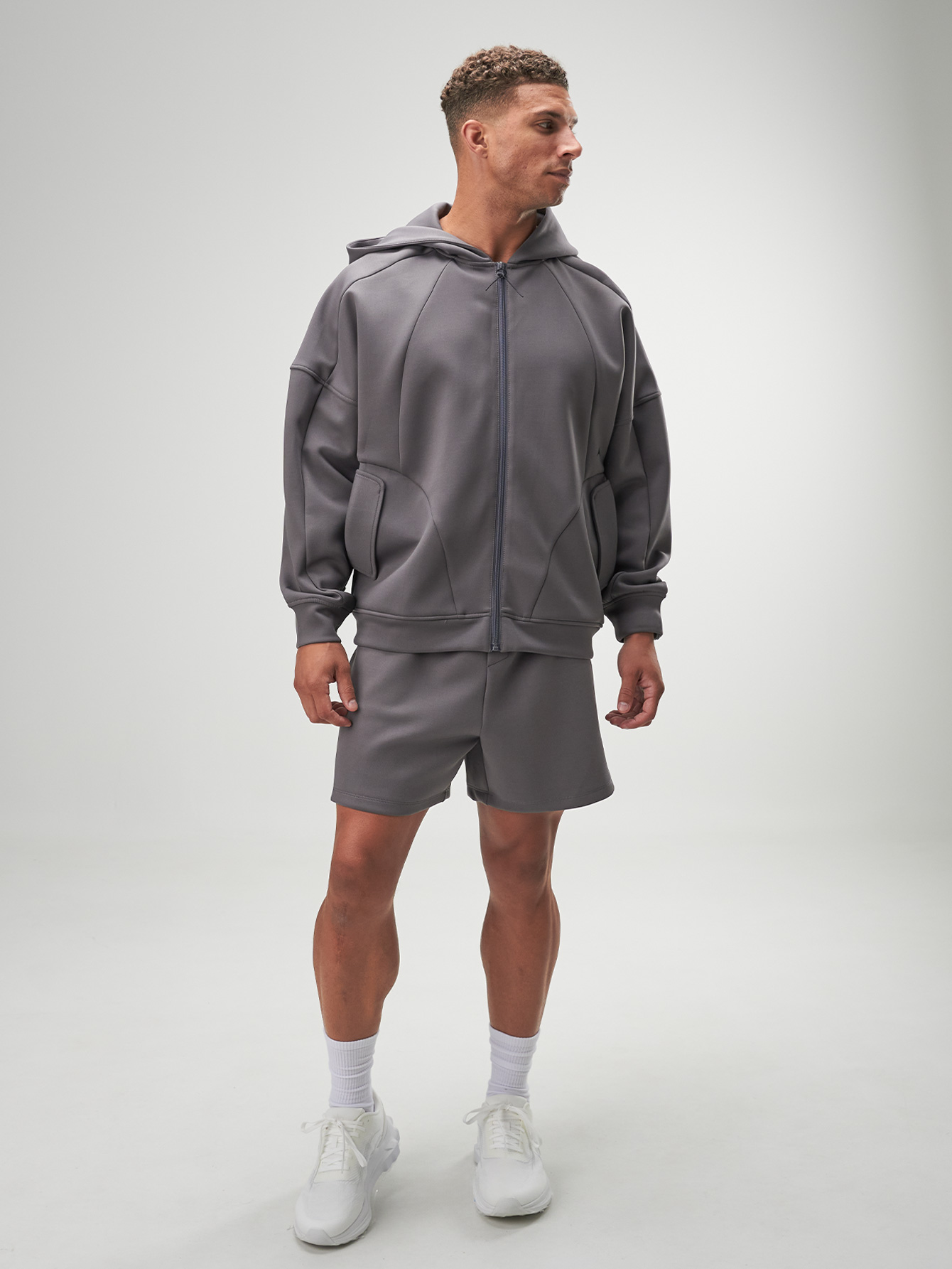 Men's Casual Gray Drop Shoulder Long Sleeve Zip Front Pocket Hoodie Sweatshirt, Autumn