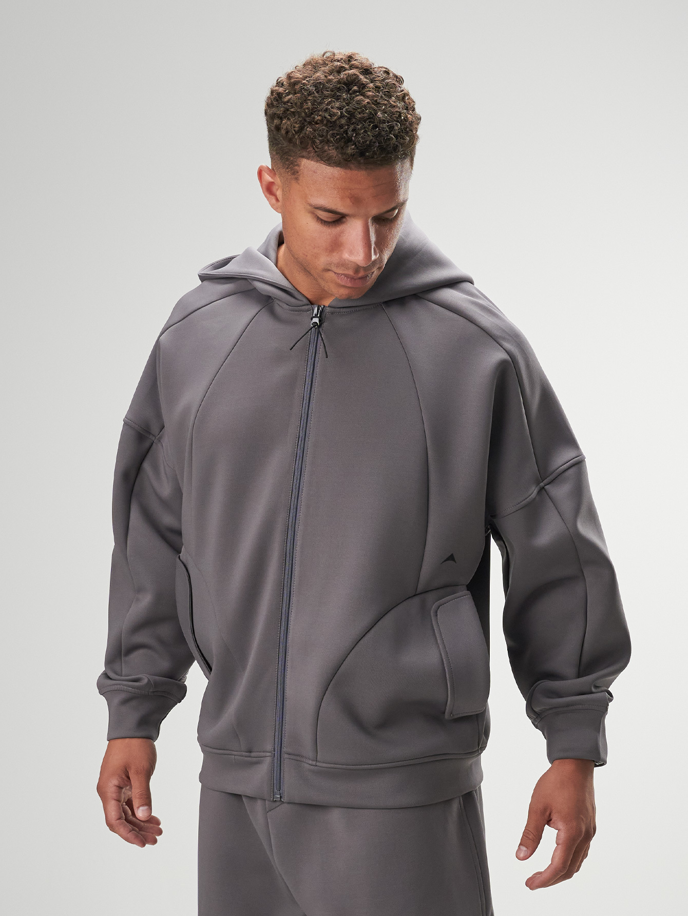 Men's Casual Gray Drop Shoulder Long Sleeve Zip Front Pocket Hoodie Sweatshirt, Autumn
