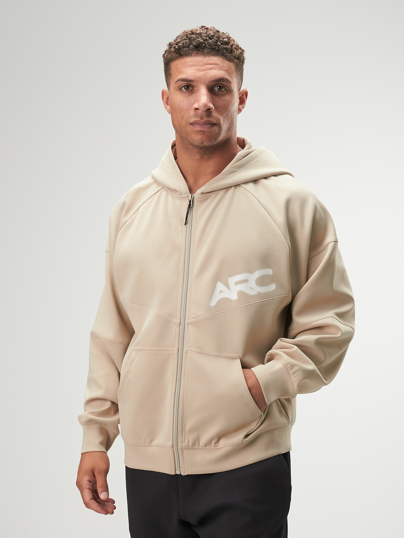 Men's Khaki Letter Print Raglan Sleeve Zip Front Casual Hoodie Sweatshirt, Autumn