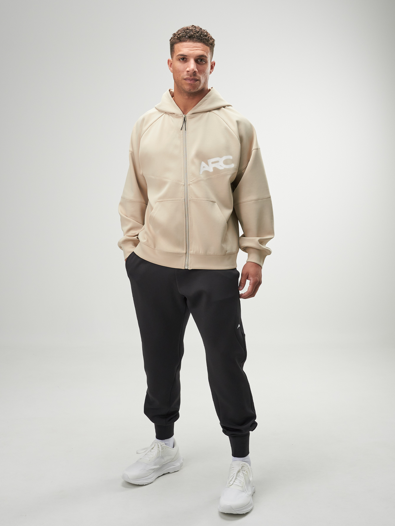 Men's Khaki Letter Print Raglan Sleeve Zip Front Casual Hoodie Sweatshirt, Autumn