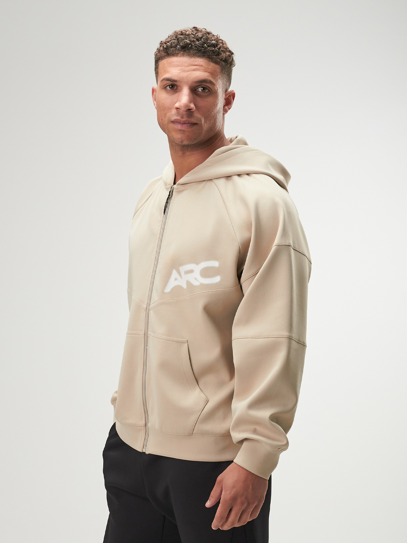 Men's Khaki Letter Print Raglan Sleeve Zip Front Casual Hoodie Sweatshirt, Autumn