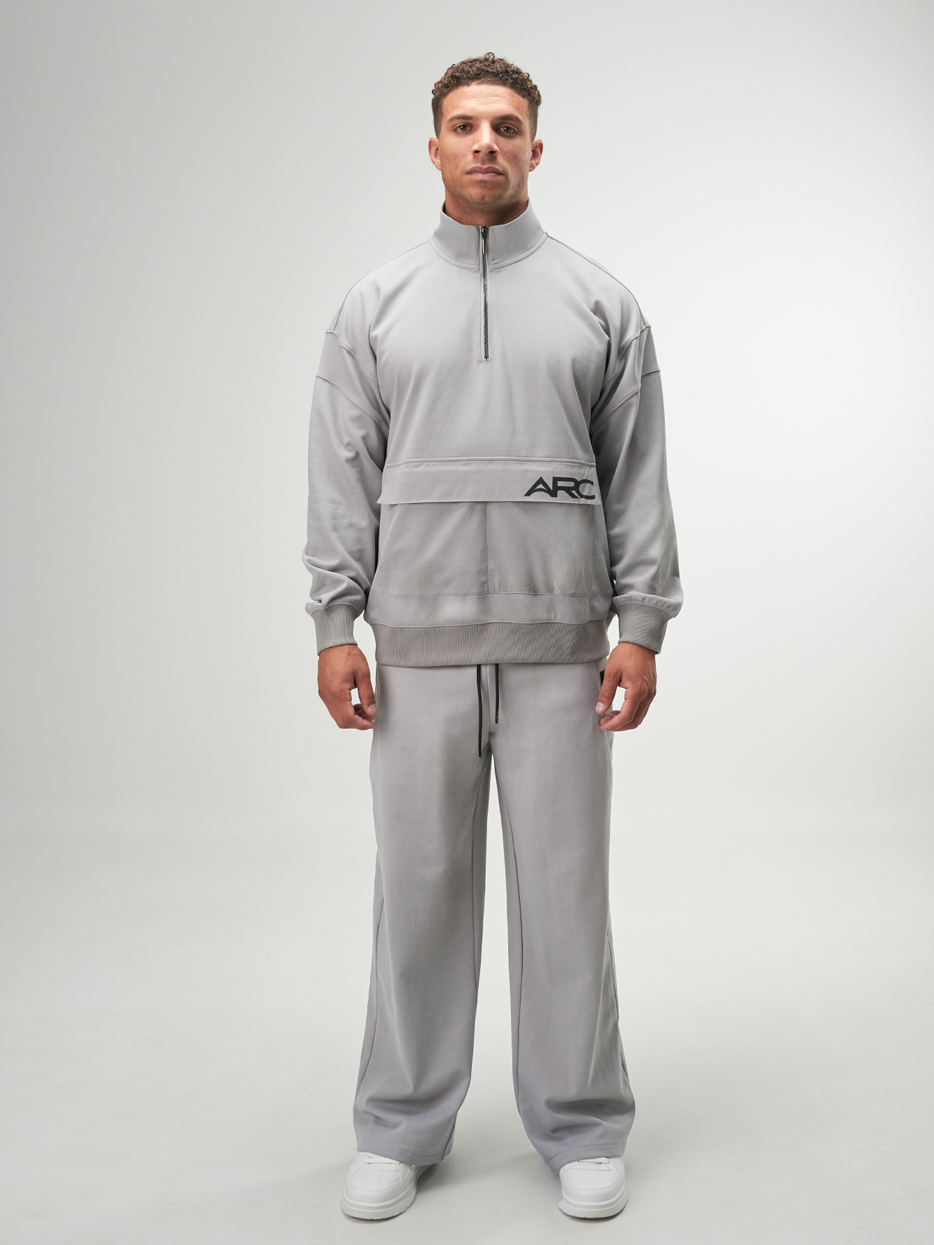 Men's Zip-Up Half Placket Long Sleeve Casual Loose Gray Sweatshirt