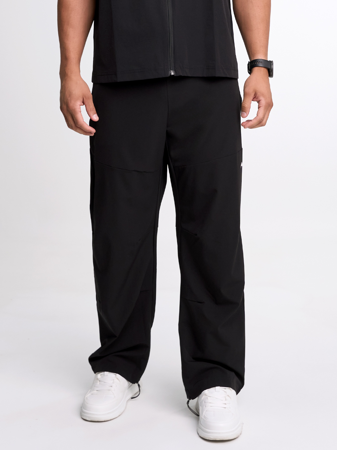 Men's Black Drawstring Waist Straight Loose Casual Pants