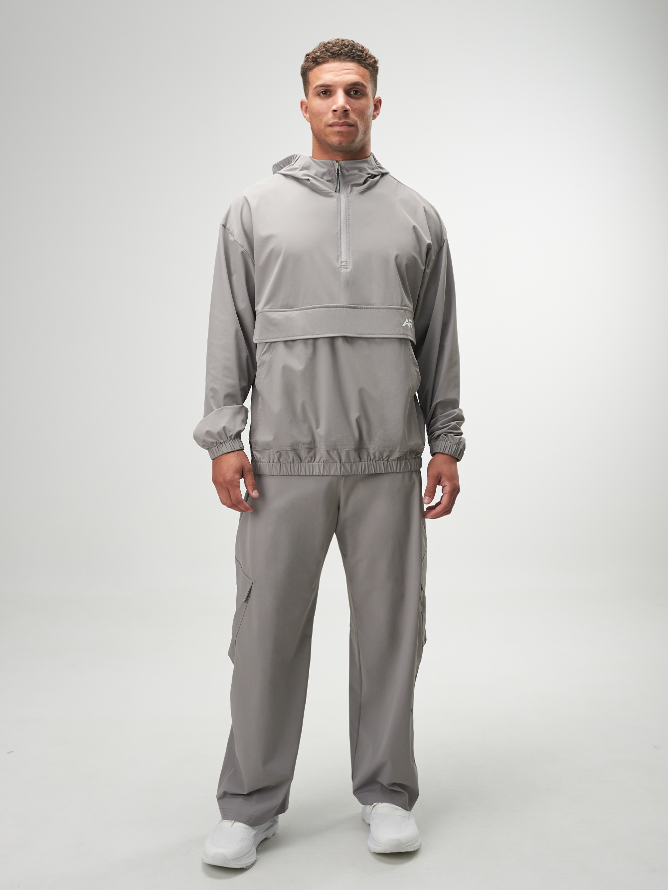 Men's Grey Zip-Up Half-Placket Pocket Casual Hoodie Jacket, Autumn