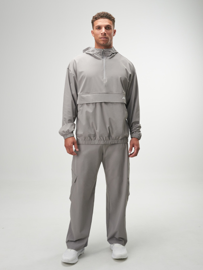 Men's Grey Zip-Up Half-Placket Pocket Casual Hoodie Jacket, Autumn