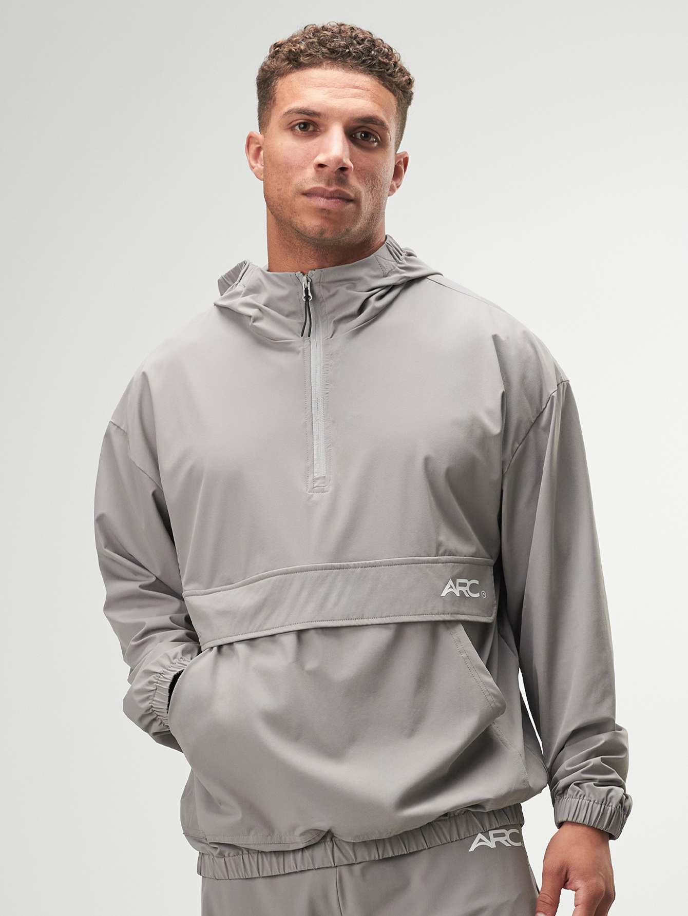 Men's Grey Zip-Up Half-Placket Pocket Casual Hoodie Jacket, Autumn