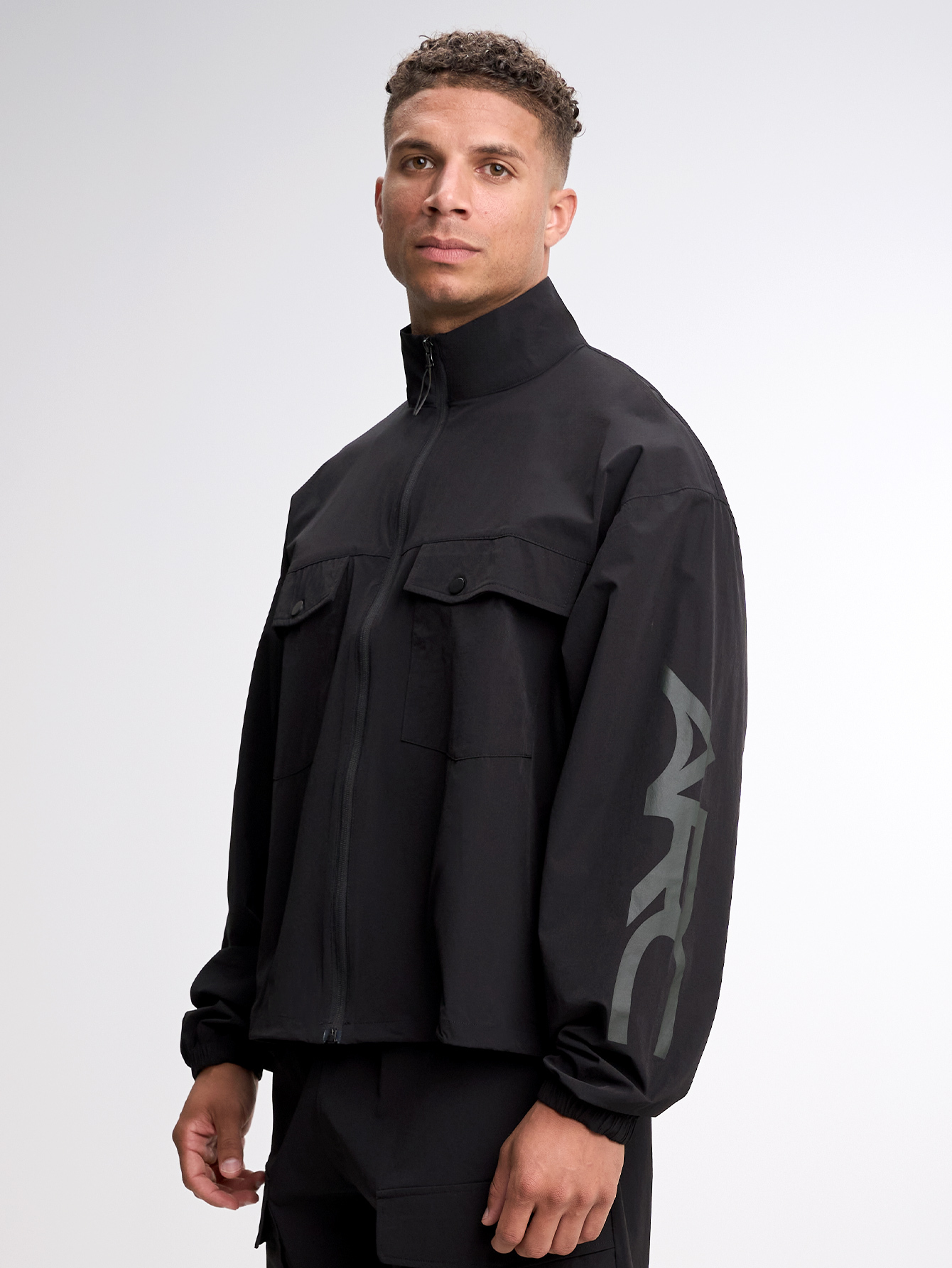 Letter Print Stand Collar Pocket Zip-Up Long Sleeve Jacket