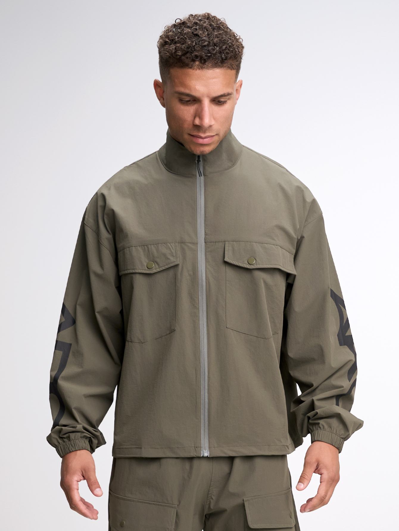 Letter Print Stand Collar Pocket Zip-Up Long Sleeve Jacket