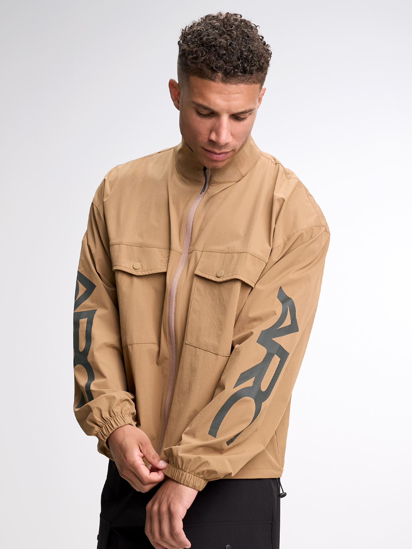 Letter Print Stand Collar Pocket Zip-Up Long Sleeve Jacket