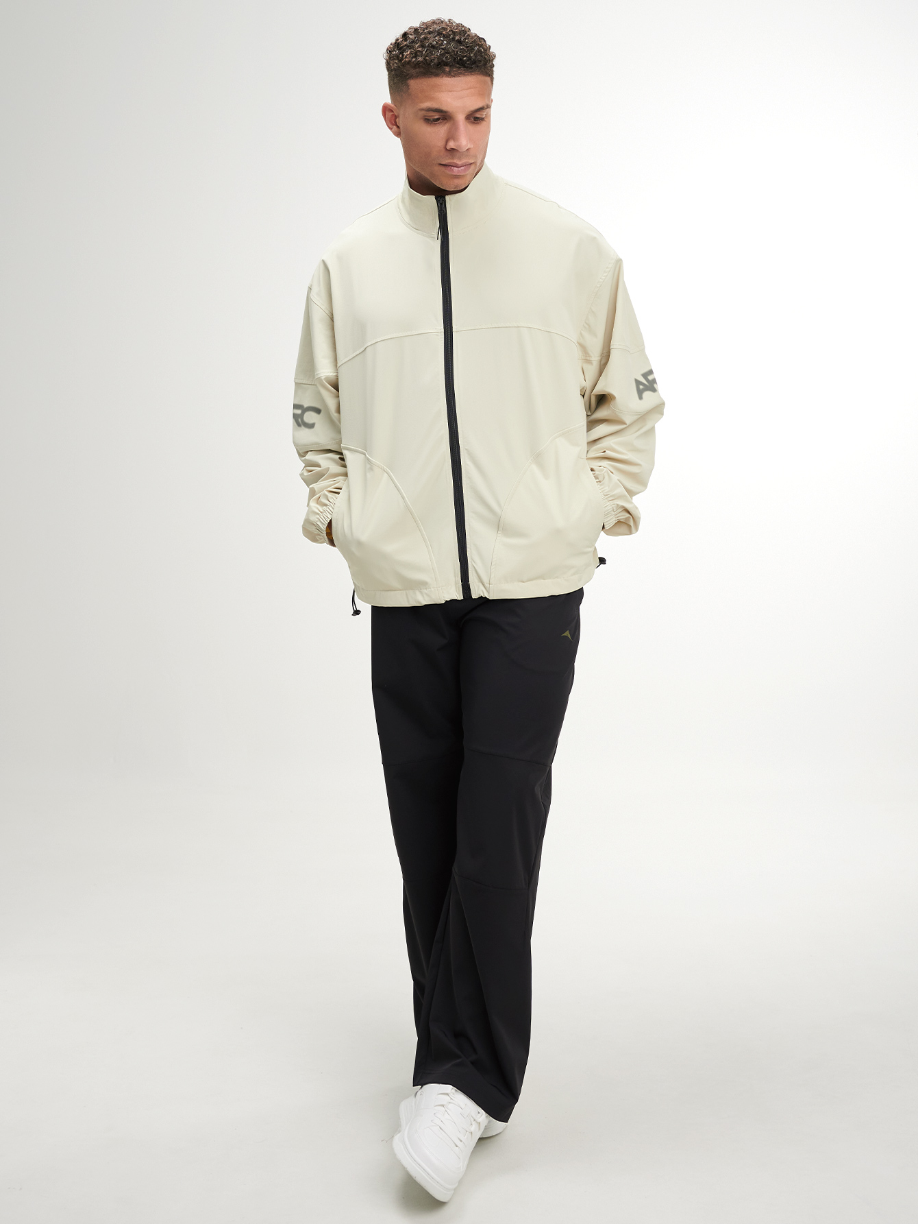 Men's Letter Print Long Sleeve Zip Front Jacket, Beige