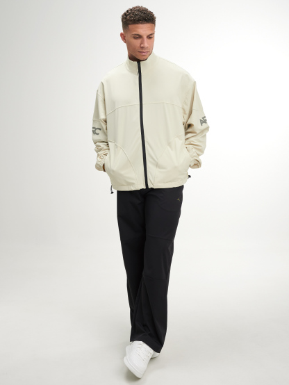 Men's Letter Print Long Sleeve Zip Front Jacket, Beige